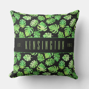 Tropical Green Watercolor Leaves with Family Name Cushion