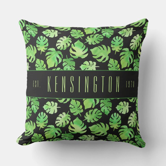 Tropical Green Watercolor Leaves with Family Name Cushion (Front)