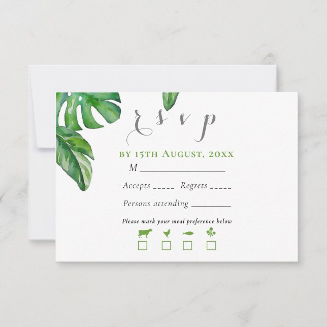 Tropical Green Watercolor Monstera Leaves  RSVP Card (Front)