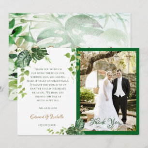 Tropical Green Watercolor Monstera Leaves Wedding Thank You Card