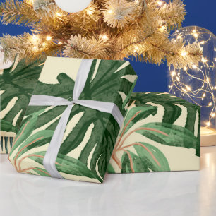 Tropical Green Watercolor Monstera & Palm Leaves Wrapping Paper