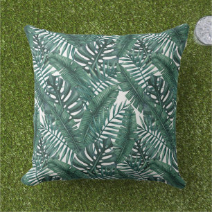 Tropical Green Watercolor Palm Leaves Pattern Cushion