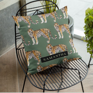 Tropical Green Watercolor Tigers Pattern With Name Cushion