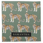 Tropical Green Watercolor Tigers Pattern With Name Napkin (Front)