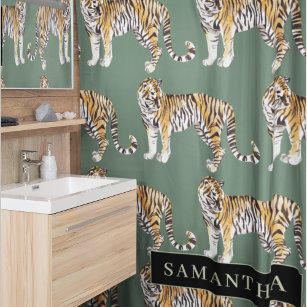 Tropical Green Watercolor Tigers Pattern With Name Shower Curtain