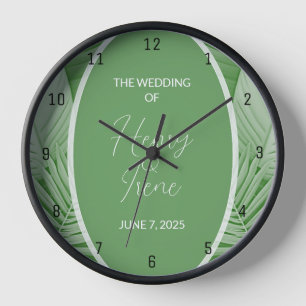 Tropical Green Wedding Couple Name Wall Clock