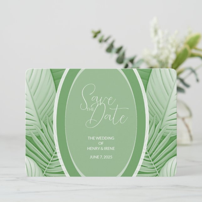 Tropical Green Wedding Photo QR Code Save the Date (Standing Front)