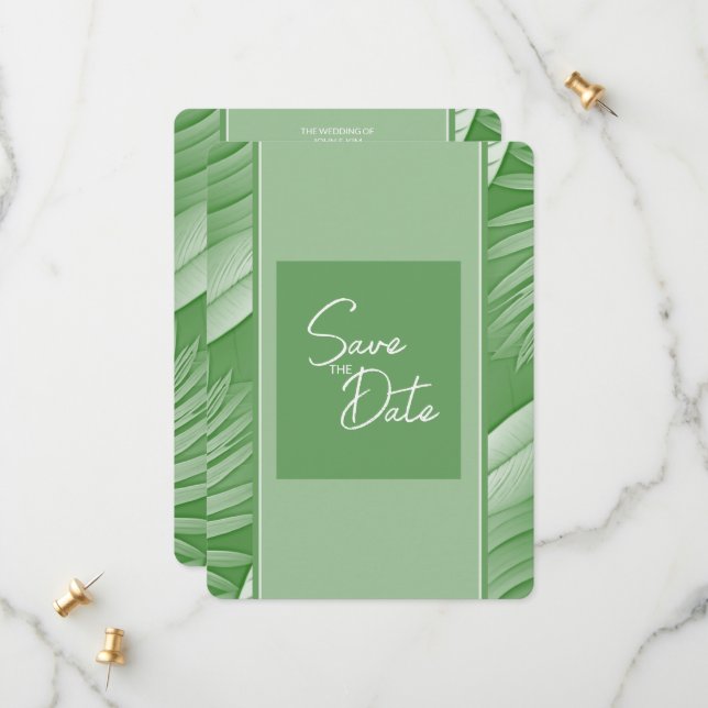 Tropical Green Wedding Save The Date QR Code Photo (Front/Back In Situ)