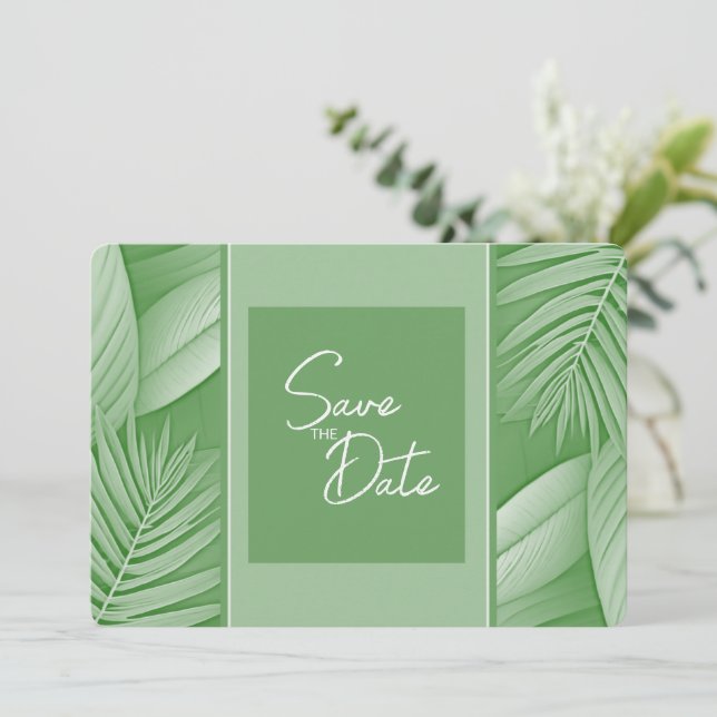 Tropical Green Wedding Save The Date QR Code Photo (Standing Front)