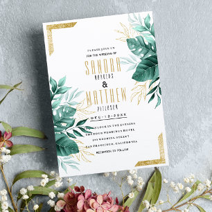 Tropical green white gold glitter floral Wedding Invitation