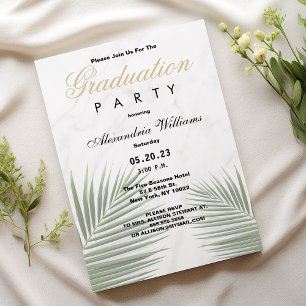 Tropical green white marble floral Graduation Invitation