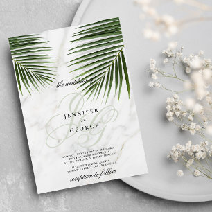 Tropical green white marble monogram wedding invitation