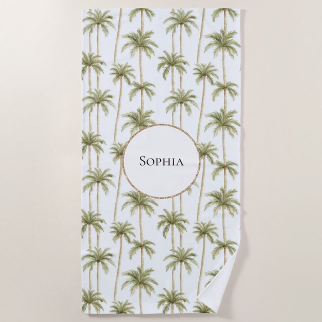 Tropical Green White Palm Trees   Beach Towel (Front)