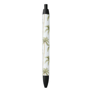 Tropical Green White Palm Trees Black Ink Pen