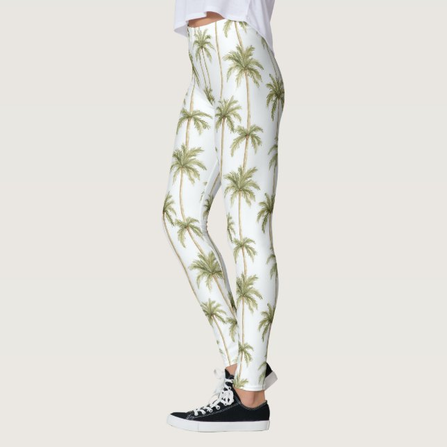 Tropical Green White Palm Trees Leggings (Left)