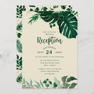 Tropical Green with Gold Foliage Wedding Reception Invitation