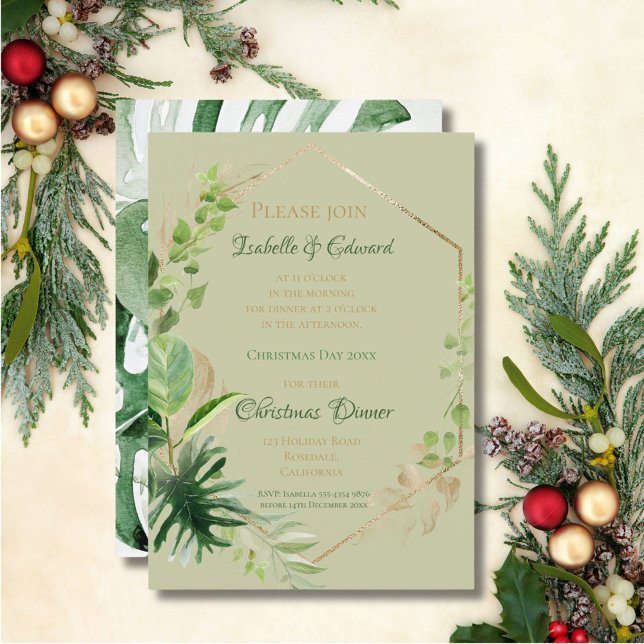 Tropical Green With Gold Leaves Christmas Dinner Invitation (Creator Uploaded)