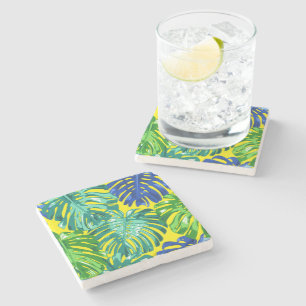 Tropical Green Yellow Blue Monstera Jungle Leaves Stone Coaster
