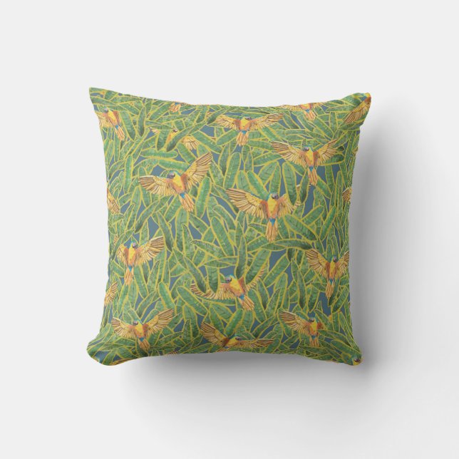 Tropical Green Yellow Orange Leaves Parrot Pattern Cushion (Front)