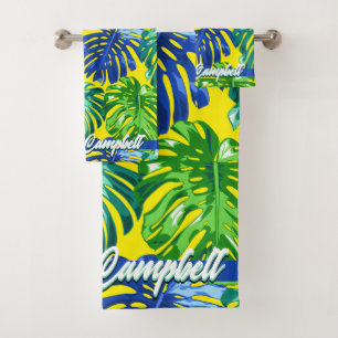 Tropical Green Yellow Palm Leaves Monogram Bath Towel Set