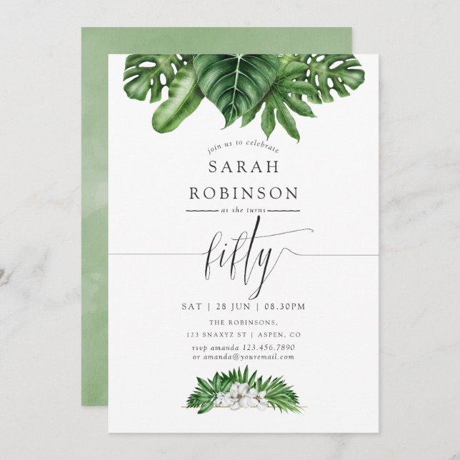 Tropical Greenery 50th Birthday Party Invitation (Front/Back)