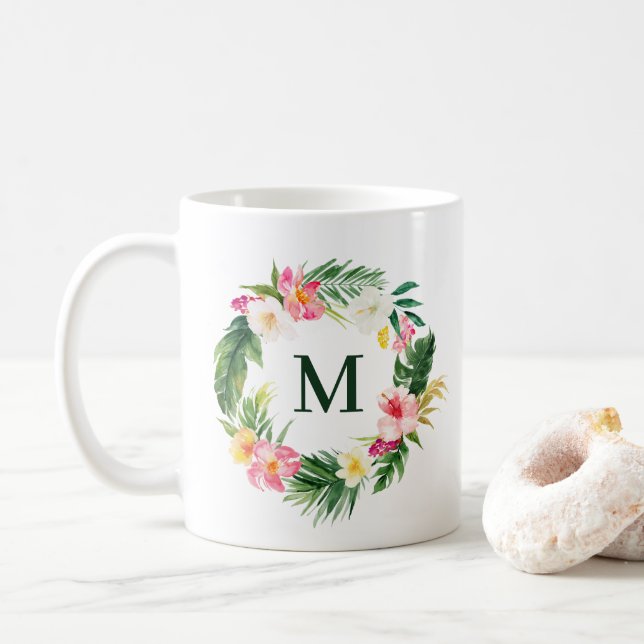 Tropical Greenery and Flowers Wreath Monogram Coffee Mug (With Donut)