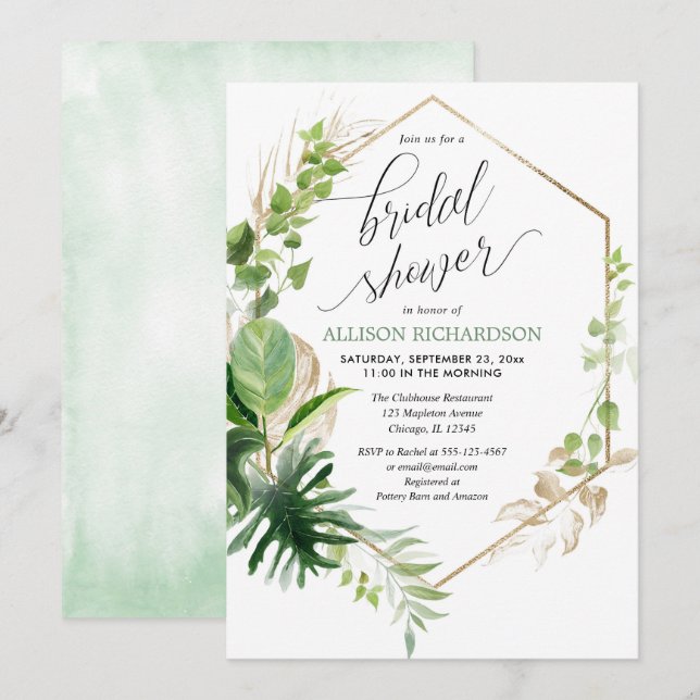 Tropical greenery and gold elegant bridal shower invitation (Front/Back)