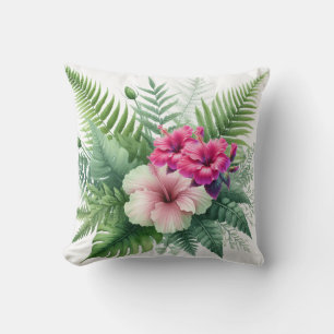 Tropical Greenery and Hibiscus Flowers Cushion