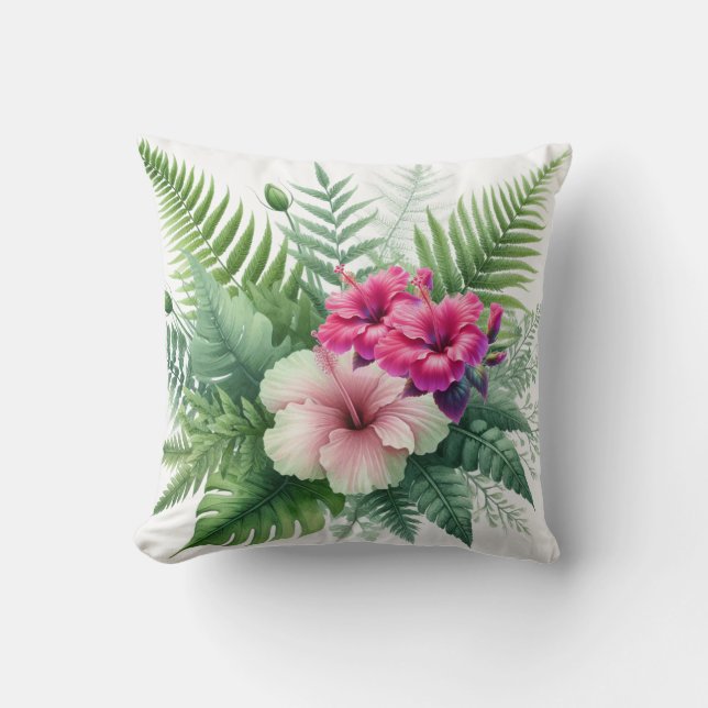 Tropical Greenery and Hibiscus Flowers Cushion (Front)