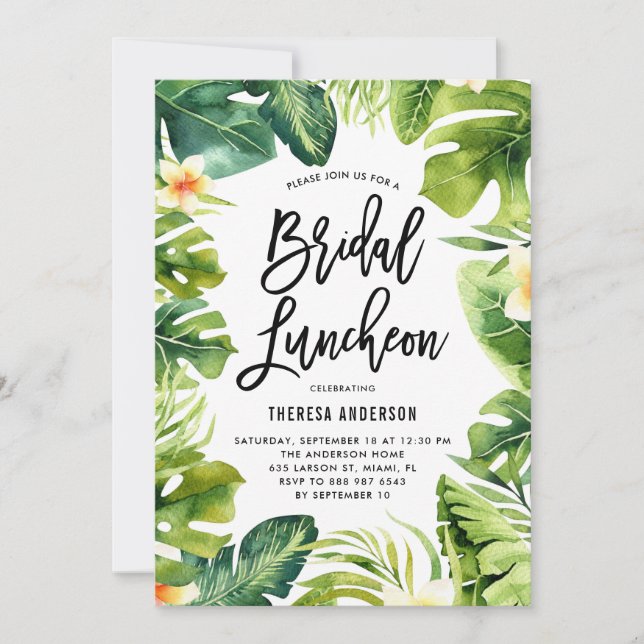 Tropical Greenery and Plumeria Bridal Luncheon Invitation (Front)
