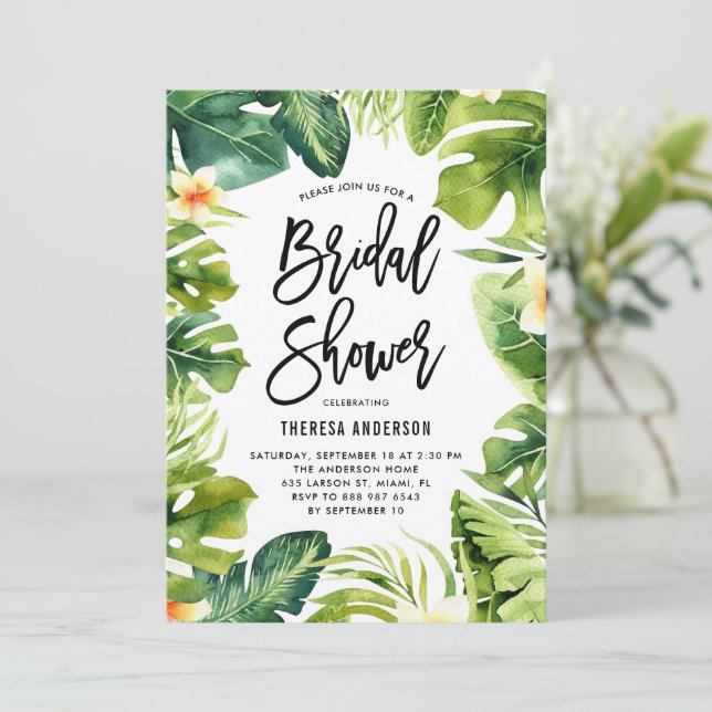 Tropical Greenery and Plumeria Bridal Shower Invitation (Standing Front)
