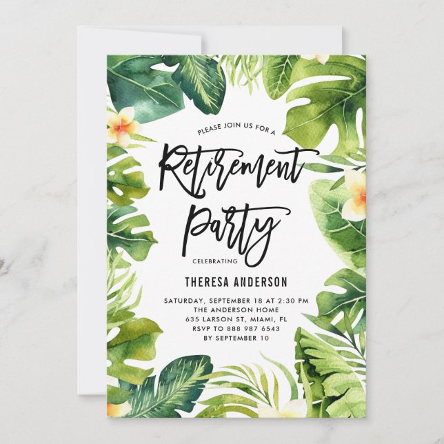 Tropical Greenery and Plumeria Retirement Party Invitation (Front)