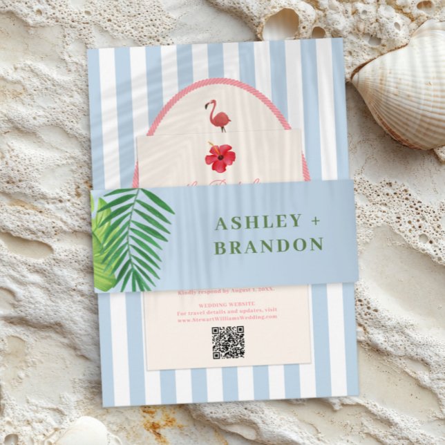 Tropical Greenery Blue Background Wedding Invite Invitation Belly Band (Creator Uploaded)