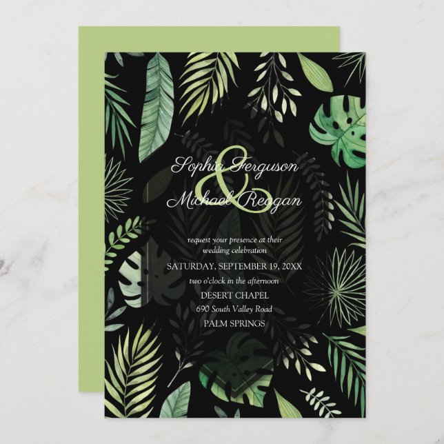 Tropical Greenery Botanical Black Wedding Invites (Front/Back)