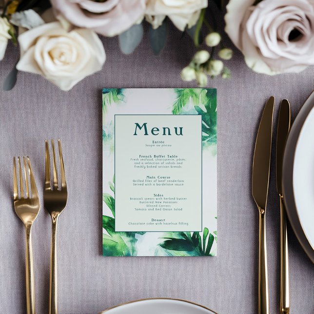 Tropical Greenery Botanical celebration leafy Menu (Tropical Greenery Botanical leafy Menu. Featuring a soft green box framed by a lush leafy frame.)
