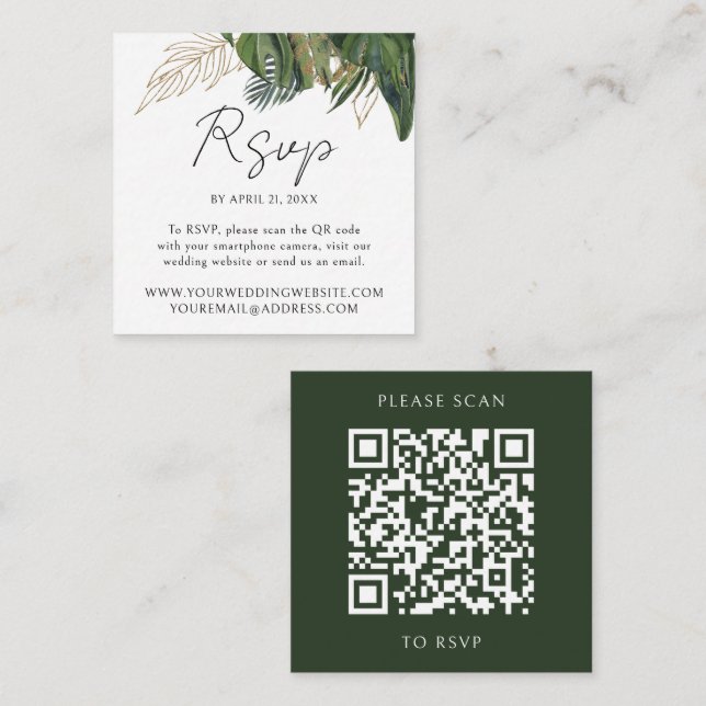 Tropical Greenery Botanical QR Code Wedding RSVP Enclosure Card (Front/Back)