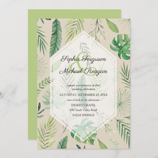 Tropical Greenery Botanical Tan Wedding Invites (Front/Back)
