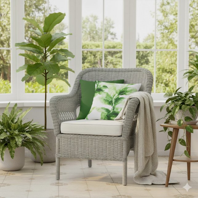 Tropical Greenery Botanical Watercolor Leaf Cushion (Green and white bright leafy cushion.)