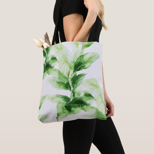 Tropical Greenery botanical Watercolor Leaf Tote Bag (Close Up)