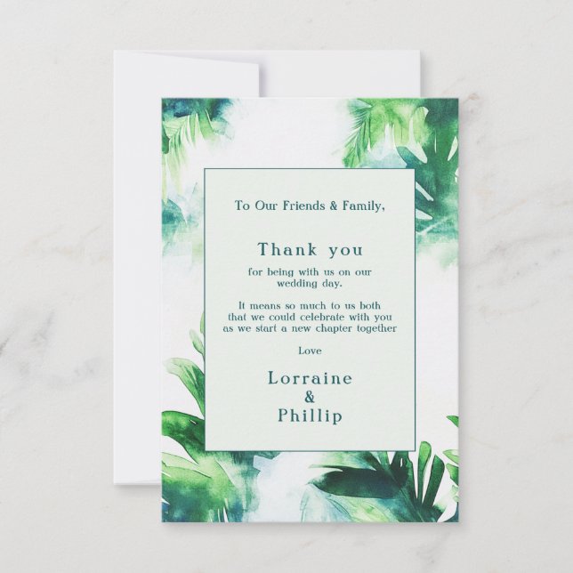 Tropical Greenery botanical Wedding Thank You Card (Front)