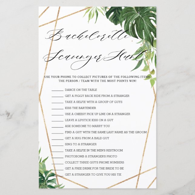 Tropical Greenery Bridal Scavenger Hunt Game (Front)