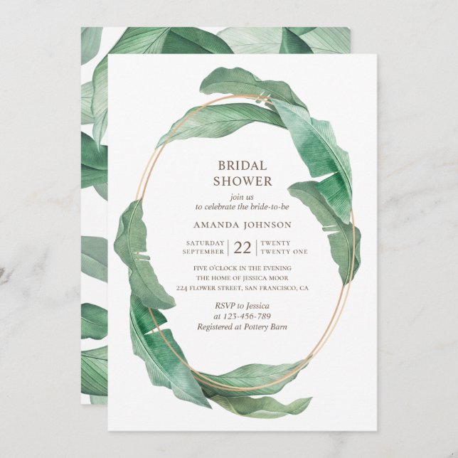 Tropical greenery bridal shower. Botanical elegant Invitation (Front/Back)