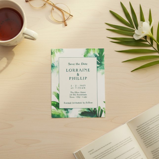 Tropical Greenery Elegant Botanical leafy Save The Date (Tropical Greenery Elegant Botanical leafy Save The Date.)