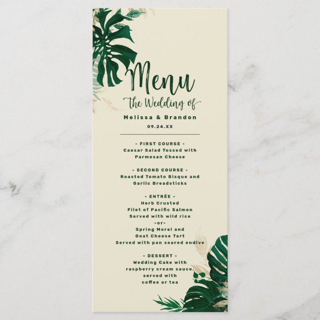 Tropical Greenery & Foliage Modern Wedding Dinner Menu (Front)