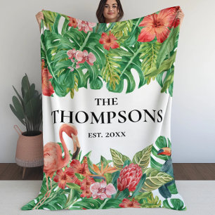 Tropical Greenery Foliage Pink Flamingo Family Fleece Blanket