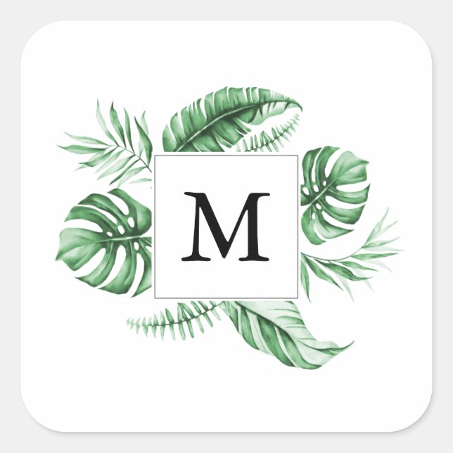 Tropical Greenery Frame Monogram Square Sticker (Front)