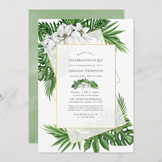 Tropical Greenery Geometric Celebration of Life  Invitation (Front/Back)