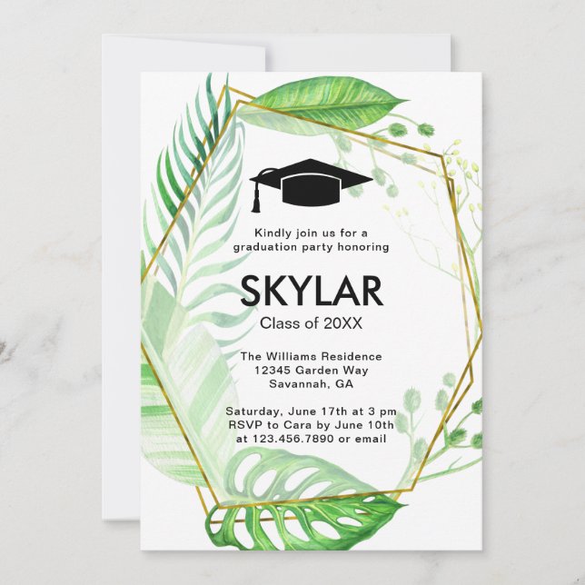 Tropical Greenery Geometric Frame Graduation Party Invitation (Front)