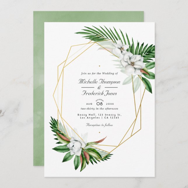 Tropical Greenery Geometric QR Code RSVP Wedding Invitation (Front/Back)