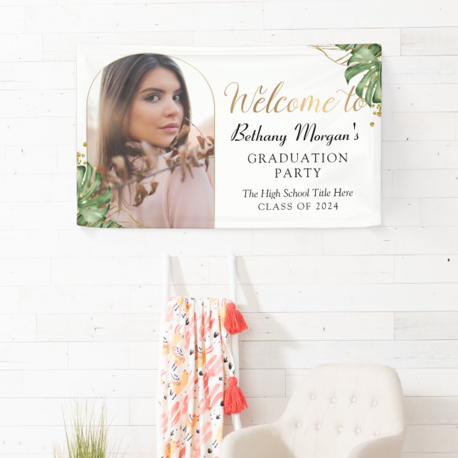 Tropical Greenery Gold Arch Photo Graduation Party Banner (Insitu)